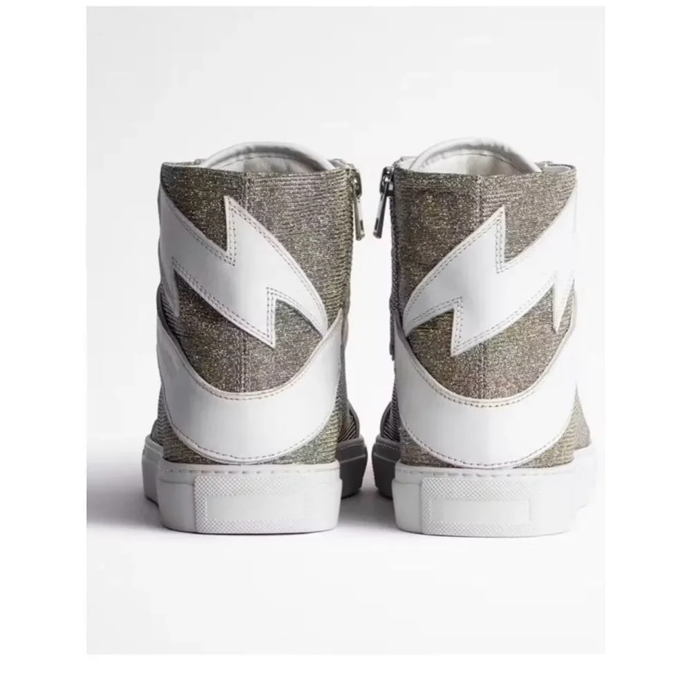 $448 -Zadig & Voltaire ZV1747 High Flash Sneakers Size 36 Hightop Silver Shoes